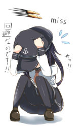 Rule 34 | 10s, 1girl, akatsuki (kancolle), black hair, bullet, clothes pull, cowering, flying sweatdrops, hat, kantai collection, loafers, neckerchief, pantyhose, pantyhose pull, red neckerchief, school uniform, serafuku, shoes, skirt, solo, squatting, tenken (gotannda), translation request