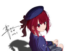 Rule 34 | 1girl, absurdres, arima kana, beret, black bow, blackwhite wind, blue hat, blue jacket, blush, bow, collared shirt, commentary request, dated, grey skirt, hat, highres, jacket, long sleeves, motor vehicle, oshi no ko, parted lips, pink bow, red eyes, red hair, school uniform, shirt, short hair, signature, simple background, skirt, solo, white shirt