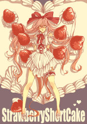 Rule 34 | arm garter, bad id, bad pixiv id, bow, cake, circus66, dress, elbow gloves, food, food-themed clothes, fruit, glasses, gloves, hair bow, bridal garter, legs, lolita fashion, long hair, original, pastry, pink hair, solo, strawberry, yellow eyes
