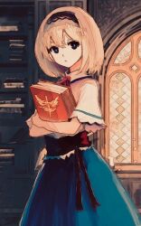 Rule 34 | 1girl, ai-assisted, alice margatroid, blonde hair, blue eyes, book, book stack, bookshelf, breasts, crossed arms, dress, hairband, holding, holding book, irumina777, looking at viewer, medium breasts, medium hair, touhou, wall, window