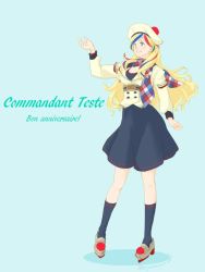 Rule 34 | 1girl, anchor hair ornament, beret, black socks, blonde hair, blue hair, buttons, character name, commandant teste (kancolle), commentary request, double-breasted, dress, french text, full body, hair ornament, hat, iksa (kijounokuron), jacket, kantai collection, long hair, multicolored clothes, multicolored hair, multicolored scarf, one-hour drawing challenge, plaid, plaid scarf, platform footwear, pom pom (clothes), ponytail, red hair, scarf, socks, solo, standing, streaked hair, swept bangs, wavy hair, white hair