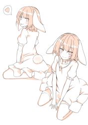 Rule 34 | 1girl, animal ears, bad id, bad pixiv id, between legs, blush, carrot necklace, dress, flat chest, hand between legs, heart, inaba tewi, looking at viewer, monochrome, multiple views, necklace, own hands together, rabbit ears, rabbit girl, rabbit tail, sepia, short hair, short sleeves, simple background, sitting, sketch, smile, spoken heart, tail, thighhighs, tongue, tongue out, touhou, wariza, white background, xialuluo (sharuro)