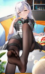 1girl :q absurdres ak-alfa_(girls&#039;_frontline) chips_(food) feet girls&#039;_frontline girls&#039;_frontline_2:_exilium grey_hair hairband highres light_blush long_hair looking_at_viewer pantyhose potato_chips radoremo soles toes tongue tongue_out yellow_eyes