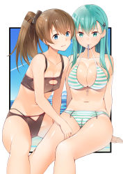 Rule 34 | 10s, 2girls, alternate eye color, aqua eyes, aqua hair, beach, between legs, bikini, border, breasts, brown bikini, brown eyes, brown hair, byte (allbyte), cleavage, cleavage cutout, clothing cutout, collarbone, crotch zipper, front-tie bikini top, front-tie top, green bikini, hair between eyes, hair ornament, hairclip, hand between legs, highres, kantai collection, kumano (kancolle), large breasts, long hair, looking at another, mouth hold, multiple girls, navel, outside border, parted lips, ponytail, revision, sitting, small breasts, straight hair, strap pull, string in mouth, striped bikini, striped clothes, suzuya (kancolle), swimsuit, white border, zipper
