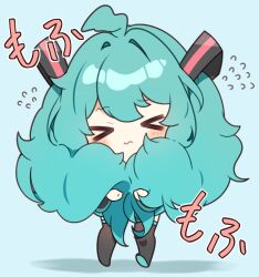Rule 34 | &gt; &lt;, 1girl, ahoge, aqua hair, black footwear, blush, boots, chibi, closed eyes, closed mouth, commentary request, fluffy, flying sweatdrops, full body, hair ornament, hatsune miku, highres, holding, holding hair, long hair, simple background, solo, standing, thigh boots, thighhighs, twintails, very long hair, vocaloid, yuni (irohasuiroiro), zettai ryouiki