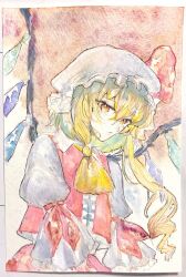 Rule 34 | 1girl, adapted costume, ascot, blonde hair, center frills, closed mouth, flandre scarlet, frilled sleeves, frills, hair between eyes, hat, head tilt, highres, leaning forward, long hair, long sleeves, looking at viewer, mob cap, multicolored wings, navybluesparrow, orange eyes, painting (medium), puffy long sleeves, puffy sleeves, red ribbon, red skirt, red vest, ribbon, shirt, skirt, sleeve ribbon, solo, touhou, traditional media, vest, watercolor (medium), white hat, white shirt, wings, yellow ascot