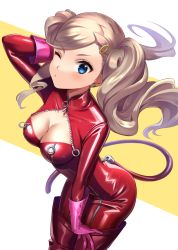 Rule 34 | 1girl, blonde hair, blue eyes, bodysuit, boots, cat tail, catsuit, cleavage cutout, clothing cutout, gloves, highres, long hair, omochimochi, one eye closed, persona, persona 5, persona 5: dancing star night, persona 5 the royal, persona dancing, pink gloves, red bodysuit, red footwear, shiny clothes, solo, tail, takamaki anne, thigh boots, thighhighs, whip, zipper