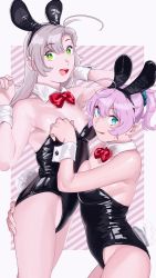 Rule 34 | 2girls, absurdres, animal ears, antenna hair, aoba (kancolle), bad id, bad twitter id, bare legs, black leotard, blue eyes, bow, bowtie, breasts, cowboy shot, detached collar, green eyes, grey hair, hair ornament, hair scrunchie, hair tie, highres, kantai collection, kinugasa (kancolle), kinugasa kai ni (kancolle), leotard, medium breasts, medium hair, messy hair, multiple girls, ojipon, one side up, playboy bunny, ponytail, purple hair, rabbit ears, rabbit tail, red bow, red bowtie, scrunchie, shiny clothes, strapless, strapless leotard, striped, striped background, tail, wrist cuffs