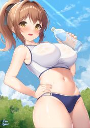 Rule 34 | 1girl, absurdres, artist name, bare arms, bare shoulders, black bow, blue sky, blurry, blurry background, blush, bottle, bow, breasts, brown hair, cloud, collarbone, commentary request, cowboy shot, crop top, dutch angle, fingernails, groin, hair between eyes, hair bow, hair intakes, hand on own hip, hand up, high ponytail, highres, holding, holding bottle, large breasts, light particles, looking at viewer, medium hair, midriff, navel, original, outdoors, parted lips, pinesphere, ponytail, see-through, see-through sports bra, sidelocks, sky, smile, solo, sports bikini, sports bra, standing, stomach, sunlight, sweat, tree, water bottle, wet, wet clothes, white sports bra, yellow eyes