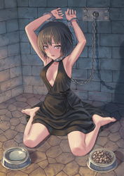Rule 34 | 1girl, alternate costume, amagami, armpits, arms up, barefoot, black dress, black hair, botan m, bound, bound wrists, bowl, breasts, brick wall, brown eyes, chain, chain leash, cleavage, collar, commentary, commission, cuffs, dress, full body, furrowed brow, halterneck, handcuffs, highres, leash, looking at viewer, medium breasts, nanasaki ai, on ground, paid reward available, parted lips, pet bowl, pet food, plunging neckline, restrained, shadow, short hair, sitting, sleeveless, sleeveless dress, solo, stone floor, wariza