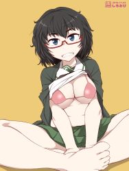 Rule 34 | 10s, 1girl, absurdres, barefoot, bikini, black hair, blush, breasts, brown eyes, clothes lift, female focus, girls und panzer, glasses, highres, large breasts, looking at viewer, ooarai school uniform, oryou (girls und panzer), pink bikini, school uniform, shiroobi (whitebeltmaster), shirt lift, simple background, smile, solo, swimsuit, yellow background