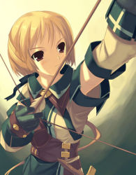 Rule 34 | 1girl, arrow (projectile), blonde hair, bow (weapon), brown eyes, drawing bow, gloves, holding bow (weapon), lowres, short hair, solo, weapon