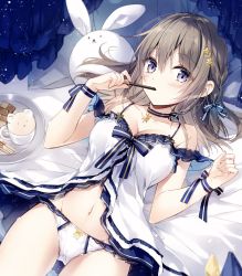 Rule 34 | 1girl, babydoll, bare shoulders, breasts, brown hair, choker, cleavage, collarbone, crotch seam, eating, food, groin, hair ornament, holding, large breasts, lingerie, long hair, looking at viewer, lying, mochizuki shiina, navel, on back, original, panties, plate, pocky, purple eyes, ribbon, solo, spaghetti strap, stomach, stuffed animal, stuffed rabbit, stuffed toy, thighs, underwear, white panties, wrist ribbon