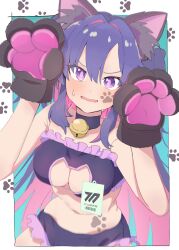 Rule 34 | 1girl, absurdres, alternate costume, animal ear fluff, animal ears, animal hands, arms up, bare shoulders, bell, black choker, blue archive, blue background, blush, border, bra, breasts, cat cutout, cat ears, cat lingerie, choker, cleavage, cleavage cutout, clothing cutout, colored inner hair, dezi, double-parted bangs, facial mark, fake eyelashes, frilled bra, frilled panties, frills, gloves, hair between eyes, hair intakes, highres, id card, long hair, looking at viewer, meme attire, multicolored hair, navel, neck bell, outside border, panties, paw gloves, paw print, pink hair, purple bra, purple eyes, purple hair, purple panties, small sweatdrop, solo, stomach, underwear, white border, yuuka (blue archive)