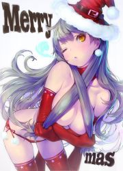 Rule 34 | 1girl, blowing, blush, breasts, breath, collar, covered erect nipples, elbow gloves, gloves, grey hair, hair censor, hair over breasts, hat, highres, holding, holding hair, large breasts, long hair, merry christmas, one eye closed, orange eyes, panties, red gloves, red panties, red thighhighs, santa hat, side-tie panties, simple background, solo, taiyou no orgel, thighhighs, tinkle bell, underwear, witch hat