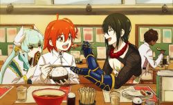Rule 34 | 2boys, 2girls, :d, arjuna (fate), blue hair, bowl, brown hair, chaldea uniform, chopsticks, closed eyes, commentary request, cup, dark-skinned male, dark skin, drinking glass, envy, fate/grand order, fate (series), feeding, folding fan, food, fujimaru ritsuka (female), gauntlets, green hair, grey jacket, hair between eyes, hand fan, holding, indoors, jacket, japanese clothes, kimono, kiyohime (fate), long hair, long sleeves, mi (pic52pic), multiple boys, multiple girls, one side up, open mouth, orange eyes, plate, red hair, rice, smile, tattoo, white kimono, wide sleeves