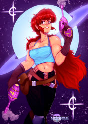 Rule 34 | 1girl, absurdres, belt pouch, big hair, borrowed character, breasts, brown gloves, camisole, cleavage, commentary, dark-skinned female, dark skin, dual wielding, energy gun, english commentary, gloves, gun, handgun, highres, holding, knee pads, lips, long hair, maria (space maria), medium breasts, midriff, navel, pistol, planet, pouch, ray gun, red eyes, red hair, smoke, smoking gun, solo, space, space maria, spaghetti strap, toned, toy capsule, weapon