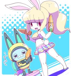 Rule 34 | 1girl, animal ears, bikini, blonde hair, blush, breasts, colored skin, helmet, high ponytail, long hair, looking at viewer, looking back, medium breasts, nollety, open mouth, ponytail, rabbit ears, rabbit tail, red eyes, snowrabby, spacesuit, swimsuit, tail, translation request, usapyon, white skin, youkai (youkai watch), youkai watch