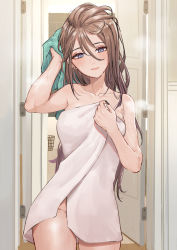 1girl atelier_live black_nails blue_eyes blush breasts brown_hair door earrings expulse hair_between_eyes head_tilt highres indoors jewelry long_hair medium_breasts nail_polish naked_towel nana_(kurisustinah) nanatsuki_nana original stud_earrings towel virtual_youtuber wet wet_hair