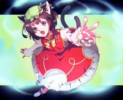 Rule 34 | 1girl, :o, animal ears, bad perspective, brown eyes, brown hair, cat ears, cat tail, chen, dress, earrings, foreshortening, gold trim, hat, jewelry, mob cap, multiple tails, nekomata, open mouth, reaching, reaching towards viewer, red dress, short hair, simple background, single earring, solo, tail, touhou, two tails, yazumi (yazzz)