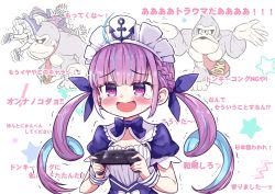 Rule 34 | 1girl, anchor symbol, blush, bow, braid, colored inner hair, commentary request, controller, donkey kong, donkey kong (series), donkey kong country, french braid, hair ribbon, highres, holding, holding controller, hololive, maid headdress, minato aqua, minato aqua (1st costume), multicolored hair, nintendo, open mouth, purple eyes, purple hair, ribbon, short sleeves, star (symbol), super smash bros., tearing up, twintails, two-tone hair, upper body, virtual youtuber, wrist cuffs, yandama
