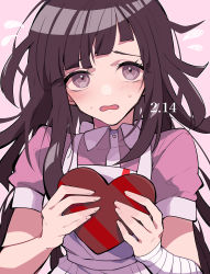 Rule 34 | 1girl, absurdres, apron, bandaged arm, bandages, blunt bangs, blush, collared shirt, commentary request, danganronpa (series), danganronpa 2: goodbye despair, dated, flying sweatdrops, hands up, heart, highres, holding, long hair, looking at viewer, mole, mole under eye, nekoma hikaru, open mouth, pink background, puffy short sleeves, puffy sleeves, purple hair, shirt, short sleeves, simple background, solo, tsumiki mikan, upper body, valentine, white apron