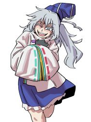 Rule 34 | 1girl, ;d, absurdres, blue hat, blue skirt, eddybird55555, grey eyes, grey hair, hands in opposite sleeves, hat, highres, japanese clothes, kariginu, long hair, long sleeves, looking at viewer, miniskirt, mononobe no futo, one eye closed, open mouth, petticoat, ponytail, ribbon-trimmed sleeves, ribbon trim, simple background, skirt, smile, solo, tokin hat, touhou, white background, wide sleeves