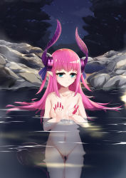 Rule 34 | 1girl, absurdres, bad id, bad pixiv id, blue eyes, breasts, c (pixiv3064042), censored, collarbone, commentary, commentary request, cowboy shot, curled horns, dragon girl, dragon horns, dragon tail, elizabeth bathory (fate), elizabeth bathory (fate/extra ccc), expressionless, fate (series), hands up, highres, horns, long hair, looking at viewer, mosaic censoring, navel, night, night sky, nipples, nude, onsen, outdoors, partially submerged, pink hair, pussy, sky, small breasts, solo, star (sky), starry sky, tail, thigh gap, wading, water