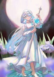Rule 34 | 1girl, absurdres, alternate costume, barefoot, blue eyes, blue hair, blurry, blurry foreground, colored tips, dress, flower, full body, furina (genshin impact), genshin impact, hair between eyes, heterochromia, highres, holding, holding sword, holding weapon, hood, hood up, itsukado kawa, light blue hair, long hair, looking at viewer, multicolored hair, pleated dress, smile, solo, sword, walking, walking on liquid, wavy hair, weapon, white dress, white flower, white hair, white hood
