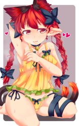 Rule 34 | 1girl, :3, animal ears, arm up, armpits, camisole, cat ears, cat tail, highres, kaenbyou rin, konata gazel, lingerie, panties, pointy ears, red eyes, red hair, side-tie panties, solo, steam, tail, thigh strap, touhou, underwear, yellow panties