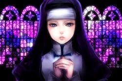 Rule 34 | 1girl, blue eyes, glass, lips, looking at viewer, nun, original, own hands together, sasaki ryou, solo, stained glass, traditional nun