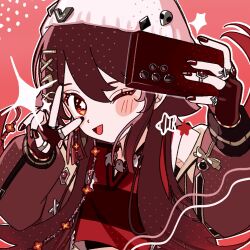 Rule 34 | 1girl, beanie, black gloves, black nails, blush, bracelet, braid, brown hair, brown jacket, choker, commentary request, fingerless gloves, flower-shaped pupils, genshin impact, gloves, hair ornament, hands up, hat, highres, holding, holding phone, hu tao (galaxy store) (genshin impact), hu tao (genshin impact), jacket, jewelry, long hair, long sleeves, necklace, official alternate costume, one eye closed, open clothes, open jacket, open mouth, phone, red background, red choker, red eyes, red shirt, ring, selfie, shirt, simple background, sleeveless, sleeveless shirt, smile, solo, star (symbol), symbol-shaped pupils, twintails, upper body, v, white hat, x hair ornament, yuzu remon 32