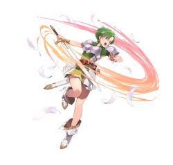 Rule 34 | 1girl, armor, attack, breastplate, dress, earrings, feathers, fee (fire emblem), female focus, fire emblem, fire emblem: genealogy of the holy war, fire emblem heroes, full body, green dress, green eyes, green hair, headband, holding, holding sword, holding weapon, hoop earrings, jewelry, knee up, matching hair/eyes, nintendo, official art, open mouth, short hair, solo, swinging, sword, v-shaped eyebrows, very short hair, weapon, white background, white footwear, white headband