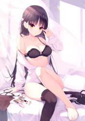 Rule 34 | absurdres, bare shoulders, barefoot, black bra, black hair, black panties, black thighhighs, blush, bra, breasts, cafe stella to shinigami no chou, cellphone, cleavage, commentary request, cosmetics, fingernails, floral print, flower, hair flower, hair ornament, hair ribbon, haku89, highres, jewelry, unworn legwear, long hair, long sleeves, looking at viewer, medium breasts, off shoulder, on bed, open clothes, open shirt, over-kneehighs, panties, phone, pillow, print bra, ribbon, ring, shiki natsume, shirt, single over-kneehigh, single thighhigh, sitting, skirt, unworn skirt, smartphone, solo, strap slip, thighhighs, thighs, toenails, underwear, very long hair, white shirt, yellow eyes