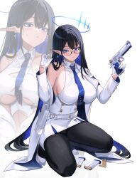 Rule 34 | 1girl, ammunition, black hair, black pantyhose, blue archive, blue eyes, blue hair, blue halo, blue necktie, blush, breasts, closed mouth, coat, collared dress, colored inner hair, desert eagle, dress, earrings, giga-tera, gloves, gun, halo, handgun, high heels, highres, holding, holding gun, holding weapon, holster, jewelry, large breasts, long hair, long sleeves, magazine (weapon), multicolored hair, multiple views, necktie, open clothes, open coat, open mouth, pantyhose, pointy ears, revision, rin (blue archive), sideboob, simple background, trigger discipline, weapon, white background, white coat, white dress, white footwear, white gloves, zoom layer