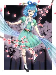 Rule 34 | 1girl, :d, black footwear, blue dress, blue eyes, blue hair, blush, border, breasts, cherry blossoms, dress, floating, flower, frills, full body, glowing, glowing petals, hair ornament, hair rings, hair stick, kaku seiga, kyabekko, looking at viewer, night, night sky, open clothes, open mouth, open vest, outdoors, outside border, petals, pink flower, puffy short sleeves, puffy sleeves, see-through, shawl, short hair, short sleeves, sky, small breasts, smile, solo, touhou, tree, vest, white border, white legwear, white vest