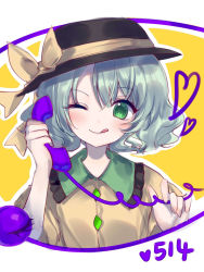 Rule 34 | 1girl, :q, black hat, blouse, blush, bow, buttons, closed mouth, diamond button, eyeball, frilled shirt collar, frills, green eyes, hat, hat bow, hat ribbon, highres, komeiji koishi, light green hair, looking at viewer, medium hair, one eye closed, ribbon, shirt, simple background, solo, third eye, tongue, tongue out, touhou, upper body, wavy hair, white background, yellow bow, yellow ribbon, yellow shirt, yuko (e1033528183)