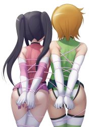 Rule 34 | 2girls, akatsuki kirika, alfort (may0508), arms behind back, ass, bdsm, black hair, blonde hair, bondage, bound, bound arms, breasts, commission, covered navel, gag, gagged, green leotard, highres, improvised gag, leotard, long hair, multiple girls, panties, pink leotard, pixiv commission, restrained, senki zesshou symphogear, shiny clothes, shiny skin, short hair, simple background, skirt, standing, striped clothes, striped legwear, striped panties, striped thighhighs, thighhighs, tsukuyomi shirabe, twintails, underwear, white background