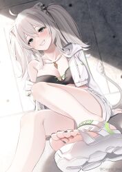 Rule 34 | 1girl, animal ears, bare legs, bare shoulders, barefoot, black nails, breasts, casino (casinoep), cleavage, commentary request, feet, foot focus, foot out of frame, greek toe, grey eyes, grey hair, highres, hololive, jacket, knee up, large breasts, legs, lion ears, lion girl, lion tail, long hair, looking at viewer, nail polish, off shoulder, sandals, shishiro botan, shorts, smile, soles, solo, tail, toenail polish, toenails, toes, twintails, virtual youtuber, white jacket, white shorts