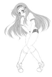 Rule 34 | 1girl, between legs, blush, breasts, buruma, embarrassed, female focus, full body, glasses, greyscale, gym uniform, hair ornament, hand between legs, have to pee, headband, highres, kishima tower, kneehighs, knees together feet apart, long hair, medium breasts, monochrome, original, own hands together, pigeon-toed, shirt, shoes, short sleeves, simple background, sketch, socks, solo, standing, trembling, v arms, white background, x hair ornament