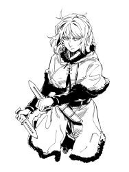 Rule 34 | 1boy, belt, capelet, closed mouth, dagger, dual wielding, fighting stance, fur-trimmed capelet, fur trim, greyscale, highres, holding, knife, looking at viewer, male focus, monochrome, reverse grip, ruukii drift, scabbard, serious, sheath, simple background, solo, thorfinn, vinland saga, waist cape, weapon, white background