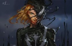 Rule 34 | 1girl, animated, animated gif, black bodysuit, blonde hair, bodysuit, dated, green eyes, grey background, gwen stacy, hand on own chest, long tongue, looking at viewer, marvel, medium hair, mont stone, saliva, smile, solo, spider-man (series), symbiote, teeth, tongue, tongue out, upper body, venom (marvel)
