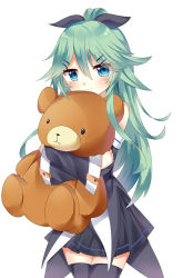 Rule 34 | 10s, 1girl, bare shoulders, black dress, black ribbon, black thighhighs, blush, closed mouth, cowboy shot, detached sleeves, dress, green hair, hair between eyes, hair ornament, hair ribbon, hairclip, head tilt, high ponytail, kantai collection, long hair, looking at viewer, hugging object, peanuts (asd313175), pleated skirt, ribbon, simple background, skirt, sleeves past wrists, smile, solo, stuffed animal, stuffed toy, teddy bear, thighhighs, very long hair, white background, yamakaze (kancolle), zettai ryouiki