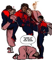 Rule 34 | 2boys, absurdres, animal print, ass, bara, black hair, blue bodysuit, bodysuit, brown hair, carrying, carrying person, closed eyes, coat, couple, dark-skinned male, dark skin, english text, facial hair, highres, kiss, kneeling, large pectorals, lyla (marvel), male focus, marvel, miguel o&#039;hara, multiple boys, muscular, muscular male, nakariiale, open clothes, open coat, pectorals, peter b parker, pink coat, red bodysuit, short hair, spider-man: across the spider-verse, spider-man (series), spider-verse, spider print, two-tone bodysuit, yaoi