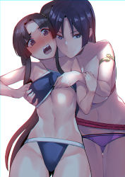 Rule 34 | 2girls, armlet, assisted exposure, bare shoulders, bikini, bikini top lift, black hair, blue bikini, blue eyes, blush, breasts, chung cthemax, clothes lift, collarbone, eyepatch bikini, fate/grand order, fate (series), hair bun, highres, large breasts, long hair, looking at viewer, low-tied long hair, medium breasts, minamoto no raikou (fate), minamoto no raikou (fate/grand order), minamoto no raikou (swimsuit lancer) (fate), multiple girls, open mouth, parted bangs, purple bikini, purple eyes, purple hair, rope, side ponytail, simple background, single hair bun, smile, swimsuit, thighs, ushiwakamaru (fate), ushiwakamaru (fate/grand order), ushiwakamaru (swimsuit assassin) (fate), ushiwakamaru (swimsuit assassin) (first ascension) (fate), very long hair, white background, yuri