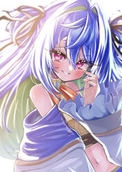 Rule 34 | 1girl, belt, black ribbon, blue brooch, blue hair, blush, bow, bowtie, brown belt, chest belt, coat, commentary request, crop top, frilled sleeves, frills, green hair, grin, hair between eyes, hair intakes, hair ribbon, highres, long bangs, long hair, long sleeves, looking at viewer, midriff, mole, mole under eye, multicolored hair, nanashi inc., navel, open clothes, open coat, orange bow, orange bowtie, pink eyes, ribbon, sanada shinka, shirt, simple background, smile, solo, striped clothes, striped shirt, suzumi nemo, suzumi nemo (1st costume), tearing up, two-tone hair, two side up, upper body, vertical-striped clothes, vertical-striped shirt, virtual youtuber, white background, white coat