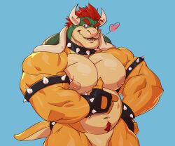Rule 34 | 1boy, abs, bara, bowser, bracelet, cheschirebacon, cowboy shot, heart, highres, huge pectorals, jewelry, long hair, looking at viewer, male focus, mario (series), mature male, muscular, muscular male, navel, navel hair, nintendo, nipples, nude, out-of-frame censoring, red hair, seductive smile, sharp teeth, smile, solo, spiked bracelet, spikes, stomach, strongman waist, teeth, thick eyebrows, thick thighs, thighs, thumbs up