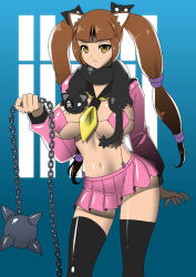 Rule 34 | 1girl, animal ears, bad id, bad pixiv id, ball and chain (weapon), bikini, bikini top only, black cat, black thighhighs, blunt bangs, breasts, brown hair, cat, cat ears, chain, cleavage, frown, gradient background, hair ornament, holding, huge breasts, long hair, looking away, micro bikini, micro bikini top, miniskirt, mole, mole under eye, multi-tied hair, navel, necktie, original, oxide (artist), parted bangs, pink bikini, pleated skirt, ponytail, scarf, school uniform, scrunchie, serafuku, shadow, shiny clothes, shiny skin, skirt, skull and crossbones, solo, spike ball, spiked ball and chain, suspenders, swimsuit, thighhighs, twintails, very long hair, weapon, window, yellow eyes, zettai ryouiki