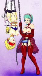 Rule 34 | 2girls, aegis (persona), android, aqua hair, atlus, bdsm, blindfold, blonde hair, blue hair, bondage, bound, breasts, chain, choker, commission, dildo, dominatrix, elbow gloves, femdom, gloves, gradient background, hairband, hanging breasts, high heels, highres, joints, megami tensei, multiple girls, my pet tentacle monster, nipples, no panties, open mouth, persona, persona 3, pussy, robot joints, saliva, saliva trail, sex toy, shin megami tensei, short hair, slave, standing, strap-on, suspension, thighhighs, uncensored, upside-down, watermark, yamagishi fuuka, yuri