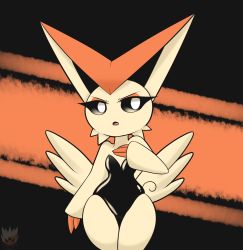 Rule 34 | 1girl, 2017, animal ears, artist name, black background, black leotard, black sclera, breasts, colored sclera, creatures (company), dated, female focus, furry, furry female, game freak, gen 5 pokemon, half-closed eyes, hand on own chest, hand up, highres, laranthrod, legendary pokemon, leotard, lips, looking to the side, mythical pokemon, nintendo, open mouth, orange background, personification, pokemon, pokemon (creature), pokemon bw, simple background, small breasts, solo, standing, tail, text focus, two-tone background, victini, watermark, white eyes